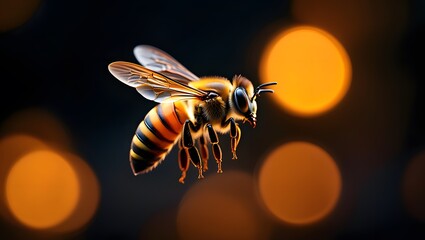Close up of a bee in flight with blurred orange bokeh lights
