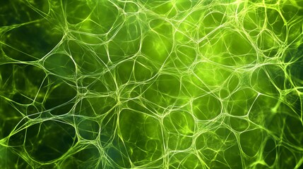Abstract green background with a network of interconnected white lines and bright light spots