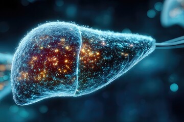 Glowing Abstract Human Liver Organ with Energy Particles