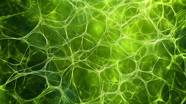 Abstract green background with a network of interconnected white lines and bright light spots