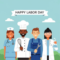 Illustration featuring diverse workers celebrating Labor Day: nurse, chef, mechanic, and scientist.