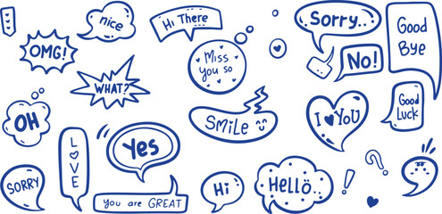 Blue Speech Bubble Doodle Set – Text, Sayings, Greetings, Chat, Messages, Communication, Handwritten, Bubbles, Talk, Typography, Hello, Expression, Cute, Hello Icon, Hello Text, Outline, Comic Style, 