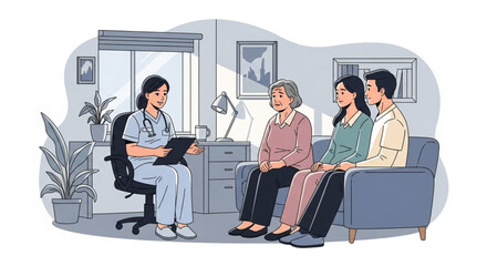 A doctor consults with a family inside a well-lit living room.