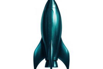 Sleek blue rocket hovering against transparent backdrop, symbolizing cosmic journey and technological innovation in space exploration