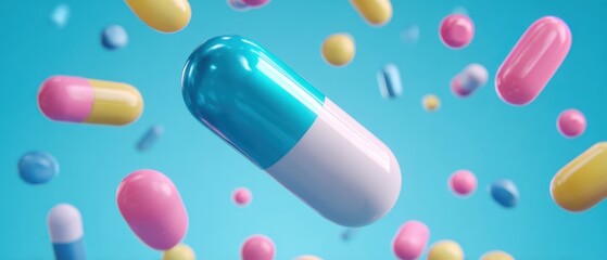 The colorful capsules floating in an abstract healthcare concept background.