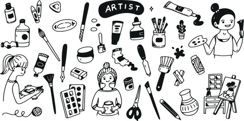Artist Tools Doodle Set – Paintbrush, Palette, Sketchbook, Creativity, Drawing Supplies, Art Studio, Tools, Illustration, Hand-Drawn, Craft, Pencil, Ink, Artistic, Marker, Stationery, Creative, DIY, P