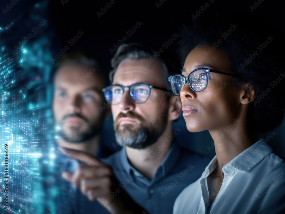 Poster a focused group of professionals analyzes data on a digital interface, showcasing collaboration and 