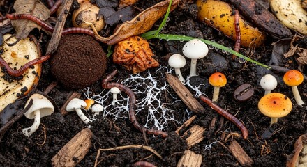 Macro view of earthworms, mushrooms, and mycelium thriving in a rich compost environment.