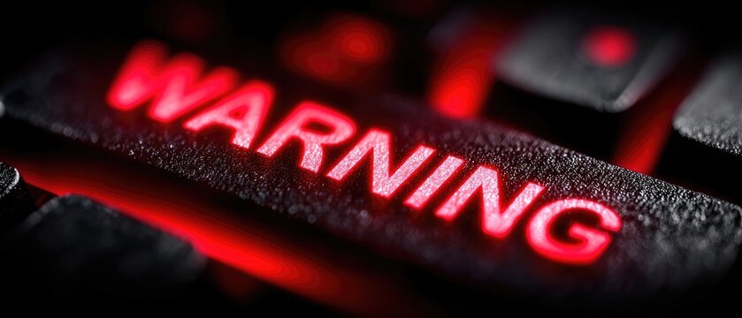 Close-up of a glowing red "WARNING" key on a black keyboard