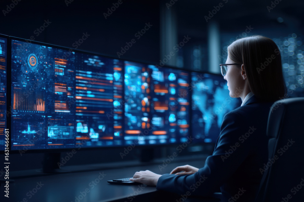 Poster a person analyzes data on multiple screens in a dark, high-tech environment, showcasing advanced tec