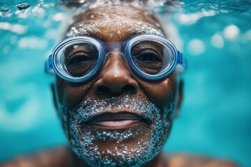 Physically active elderly senior Black African American swimmer wearing swimming goggles, demonstrating the vitality and health benefits of swimming in senior years, Generative AI