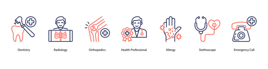 Medical Roles web banner icon vector illustration featuring Dentistry, Radiology, Orthopedics, Health Professional, Allergy, Stethoscope, and Emergency Call.