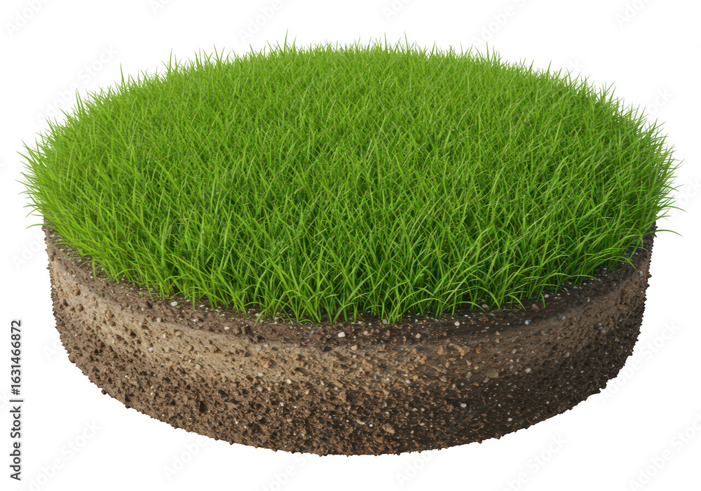 Poster closeup of a circular piece of green grass with soil layers isolated on transparent background