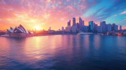 Naklejka premium Panoramic view of the Sydney Opera House at sunrise over Sydney Harbour.