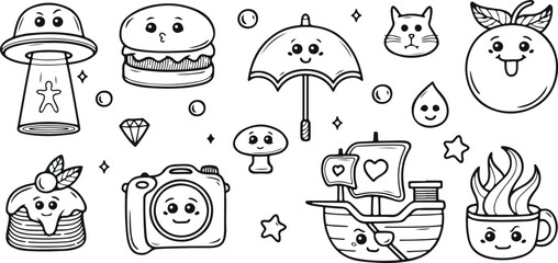 Fast Food and Cute Kawaii Icon Set – Burger, Fries, Cute Faces, Kawaii, Junk Food, Cartoon, Snack, Meal, Tasty, Restaurant, Emoji Style, Sweet, Playful, Kids, Doodle, Lunch, Icon, Toppings, Characters