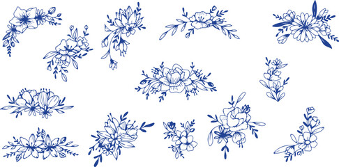 Blue Floral Watercolor Vector Set – Flowers, Branches, Elegant, Vintage, Botanical, Nature, Watercolor Style, Leaves, Classic, Romantic, Pattern, Garden, Petals, Blossom, Hand-Painted, Royal, Chic, Ar