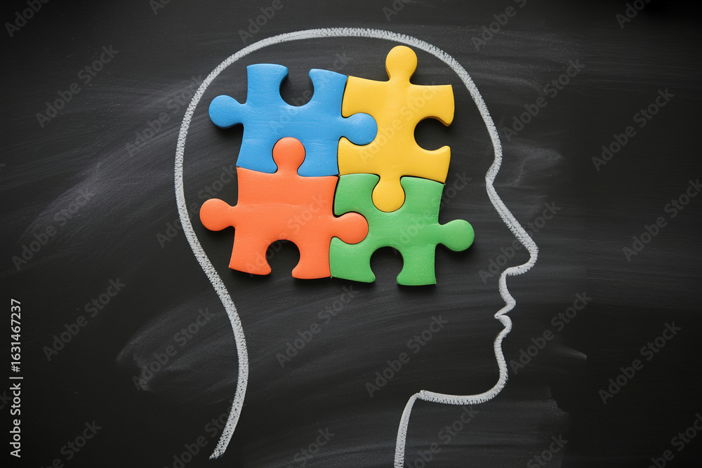 Poster a chalkboard drawing of a human head filled with colorful puzzle pieces, representing mental process