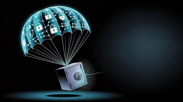Data Security Concept: A digital parachute descends with a secure vault, symbolizing robust data protection against cyber threats in a dark and atmospheric setting.