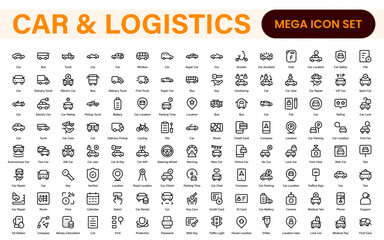 Car and logistics icons in modern thin line style. Covers vehicle hire, transport services, road trips, navigation, fuel, maintenance, and car-related logistics.