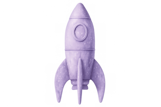 Purple cartoon rocket ship floating against a transparent background, ideal for space or science-related projects