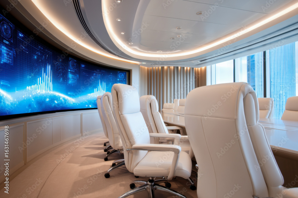Poster a modern conference room featuring sleek white chairs and a large digital display with data visualiz