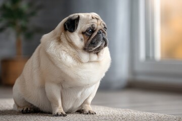 Obraz premium overweight Pug Dog Sitting Indoors 