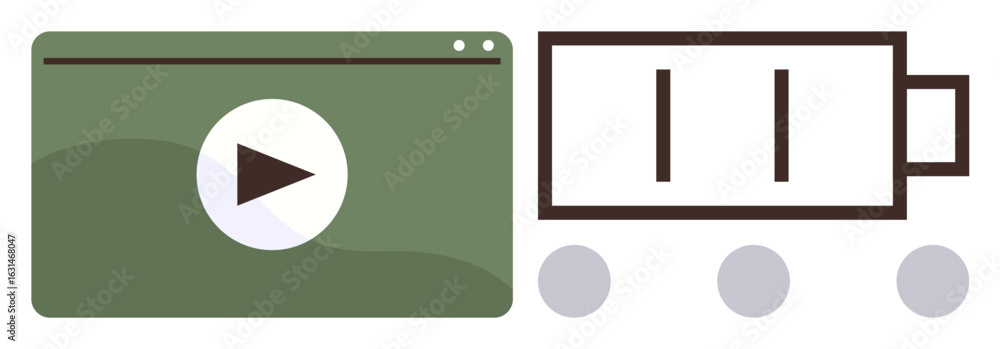 Poster green media player window with a play button next to a battery-thumbs up loading progress bar. ideal