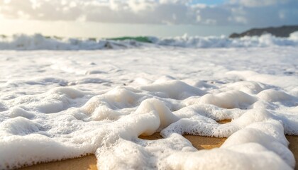 Close-up of white sea foam receding on a sandy beach, ocean waves blurred in background