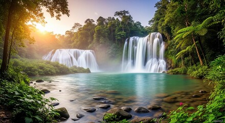 Majestic Twin Waterfalls and Turquoise River in Lush Tropical Forest at Sunset