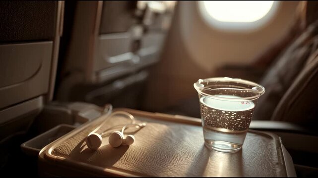 A clear plastic cup filled with water rests on a tray table in an airplane cabin, accompanied by white earphones. Sunlight filters in through the window, creating a calm ambiance
