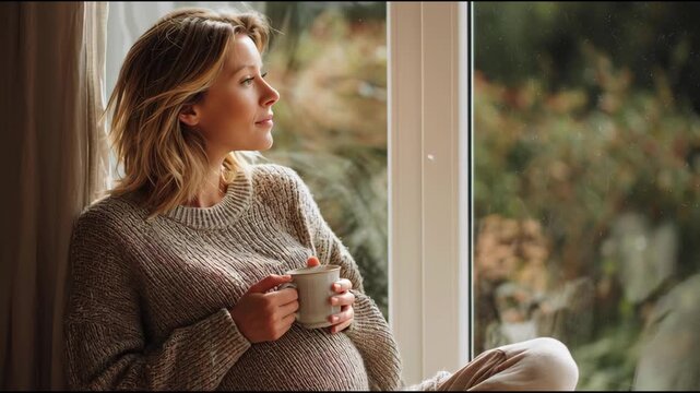 A pregnant woman sits peacefully by the window, holding a warm drink. She gazes thoughtfully outside, enveloped in a cozy atmosphere, reflecting on her journey ahead