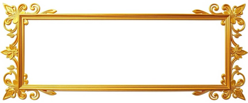 Elegant gold photo frame with Thai floral corner pattern; ample copy space , empty frame, floral corner