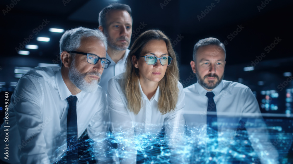Poster a group of professionals intently observing data on a screen, surrounded by a high-tech environment,