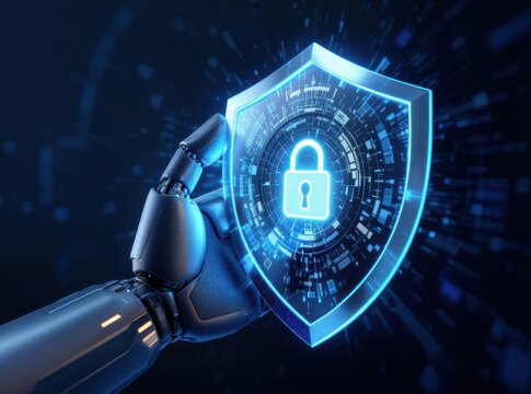 A robotic hand holding a shield with a digital padlock icon, representing artificial intelligence in cybersecurity, data protection, and advanced digital security systems.

