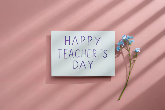Happy Teacher's Day Card with Blue Flowers on Pink Background for Classroom, Greeting, Appreciation or Celebration Design