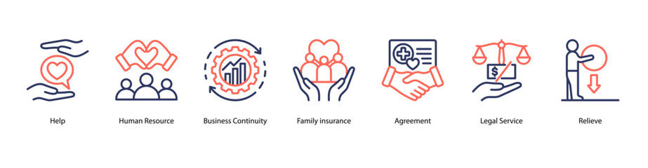 Help & Benefit web banner icon vector illustration featuring Help, Human Resource, Business Continuity, Family Insurance, Agreement, Legal Service, and Relieve.