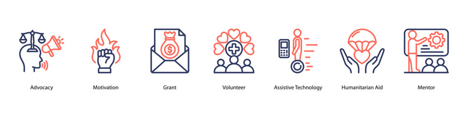 Uplift Others web banner icon vector illustration featuring Advocacy, Motivation, Grant, Volunteer, Assistive Technology, Humanitarian Aid, and Mentor.