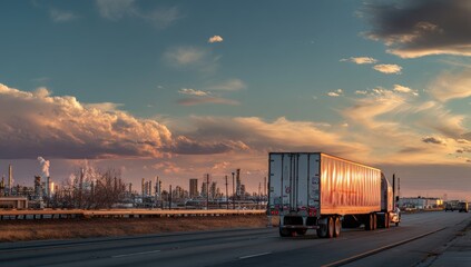 A white and red truck is driving on the highway, with a long trailer in front of it. The background features a blue sky with some clouds at sunset.