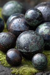 Dark, mottled spheres rest on mossy surface