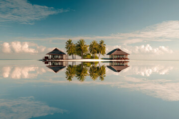 Obraz premium Symmetrical reflection photography, tropical island with ocean reflection.