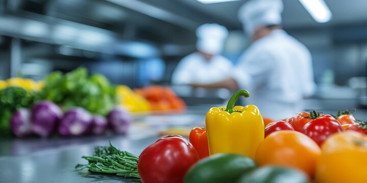 Vibrant Culinary Training Class with Colorful Farm Garden Vegetables in Professional Kitchen