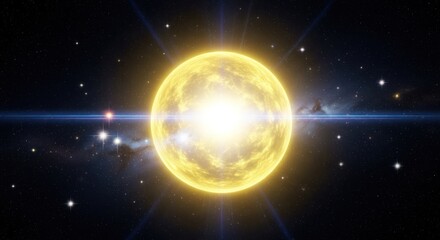 Obraz premium Glimmering yellow star with lens flare in a field of twinkling stars and nebulas