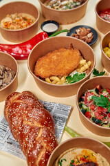 An Array of Delicious Dishes in Eco-Friendly Containers Highlighting a Variety of Culinary Flavors and Ingredients, Perfect for Sharing and Enjoying Together.