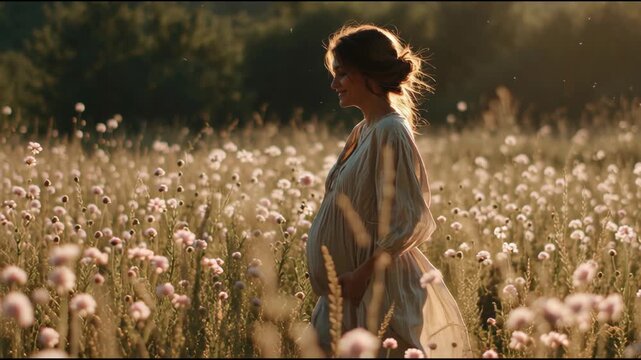 A pregnant woman walks gracefully through a blooming field, surrounded by wildflowers, capturing a moment of peace and connection to nature as the sun sets