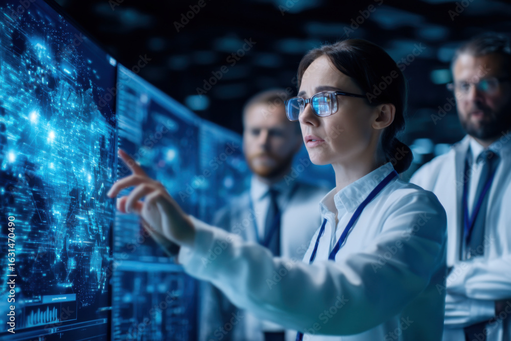 Poster a professional team analyzes complex data on screens, showcasing technology and collaboration in a h