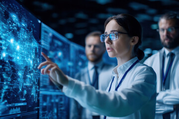 A professional team analyzes complex data on screens, showcasing technology and collaboration in a high-tech environment.
