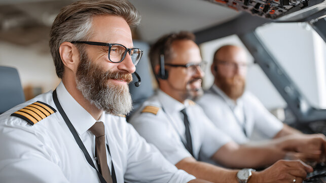 Three aviators in a cockpit, focused on their duties. The aviators are wearing the same uniform and headsets and showing expression of concentration