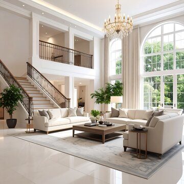 Elegant two-story living room with high ceilings, large windows, and a grand staircase (1)