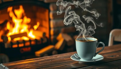 Steam rises from a coffee cup on a rustic wooden table beside a crackling fireplace, morning, steam