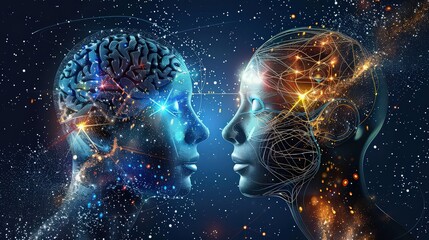 Fototapeta premium Two stylized human heads facing each other with brain and network connections on a starry background